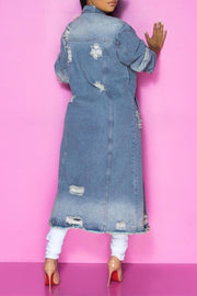 Plus Size Blue Casual Solid Ripped Turndown Collar Long Sleeve Regular Denim Jacket Coat