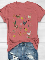 Wild Flower Chicken Printed Crew Neck T-shirt