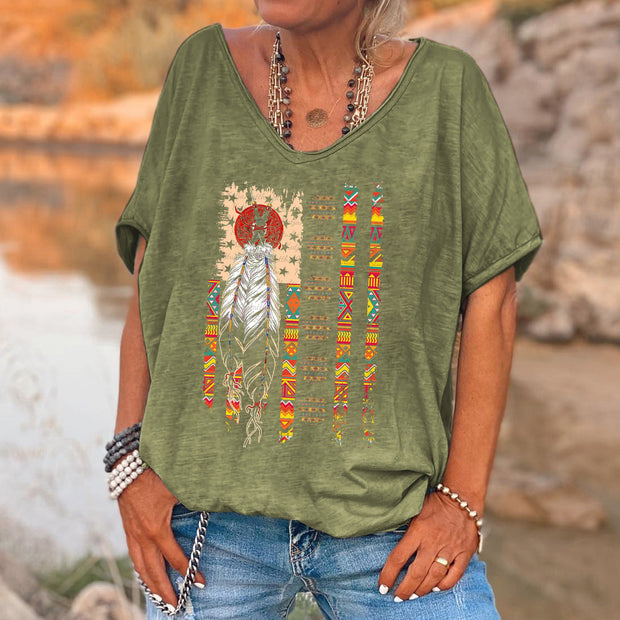 Vintage Ethnic Print V-neck Women's T-shirt