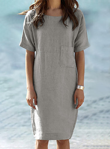 Round Neck Short Sleeve Cotton Linen Dress