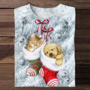 Cute Kittens And Puppies Christmas Print Long Sleeve T-Shirt