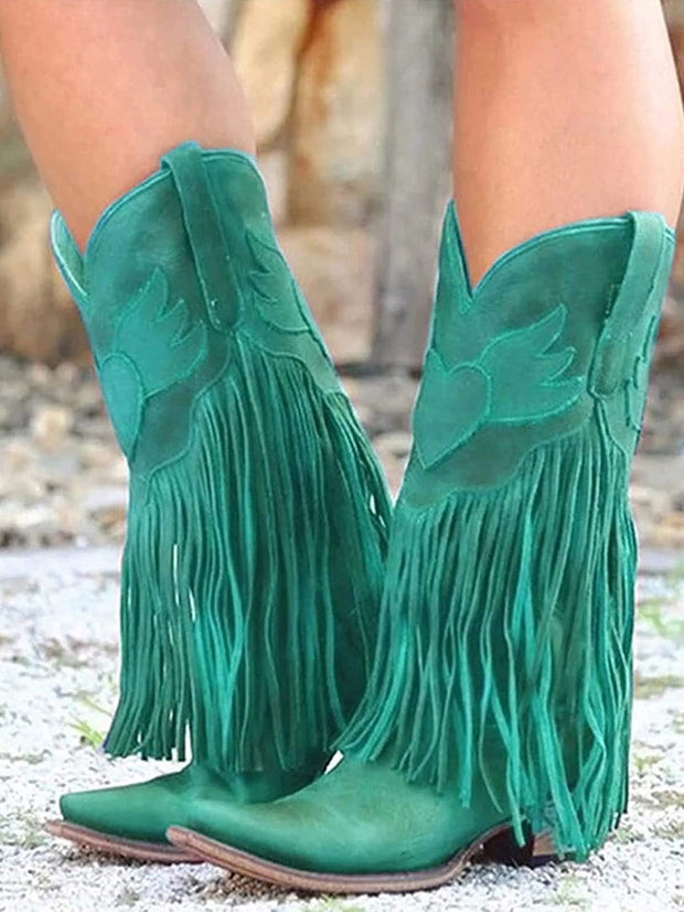 Women Knee High Vintage Tassels Cowboy Boots