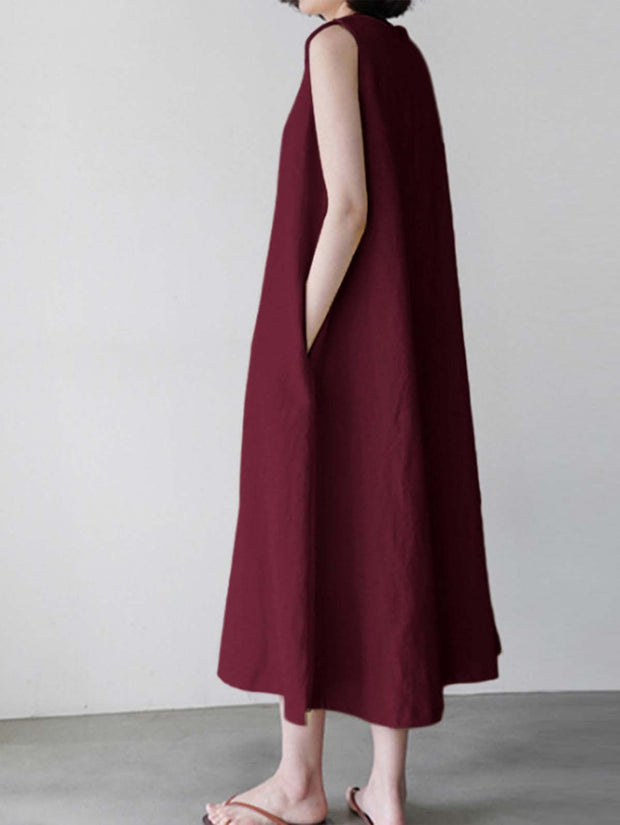 Loose Solid Color Pocket Sleeveless Cotton And Linen Dress