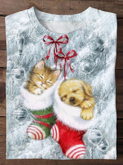 Cute Kittens And Puppies Christmas Print Long Sleeve T-Shirt