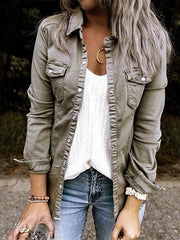 Trendy Lapel Neck Pleated Denim Jacket