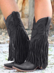 Women Knee High Vintage Tassels Cowboy Boots