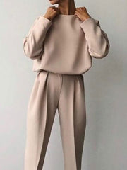 Casual Solid Color Round Neck Pencil Pants Suit