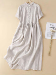 Cotton Linen Short Sleeved Solid Color Casual Dress