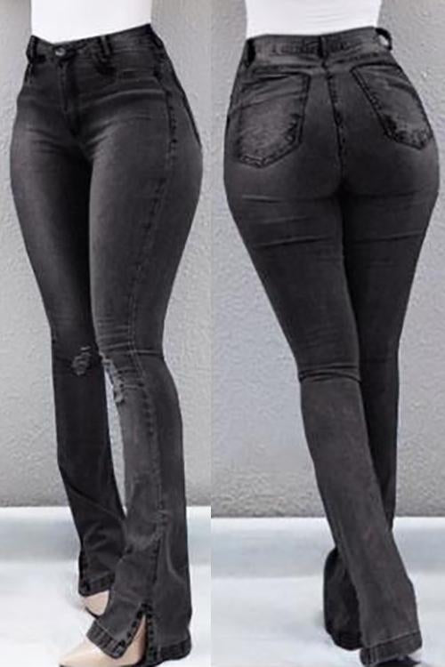 High Waist Ripped Slit Jeans