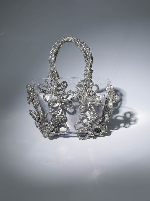 Chrysanthemum Crystal Flower Bag In Silver