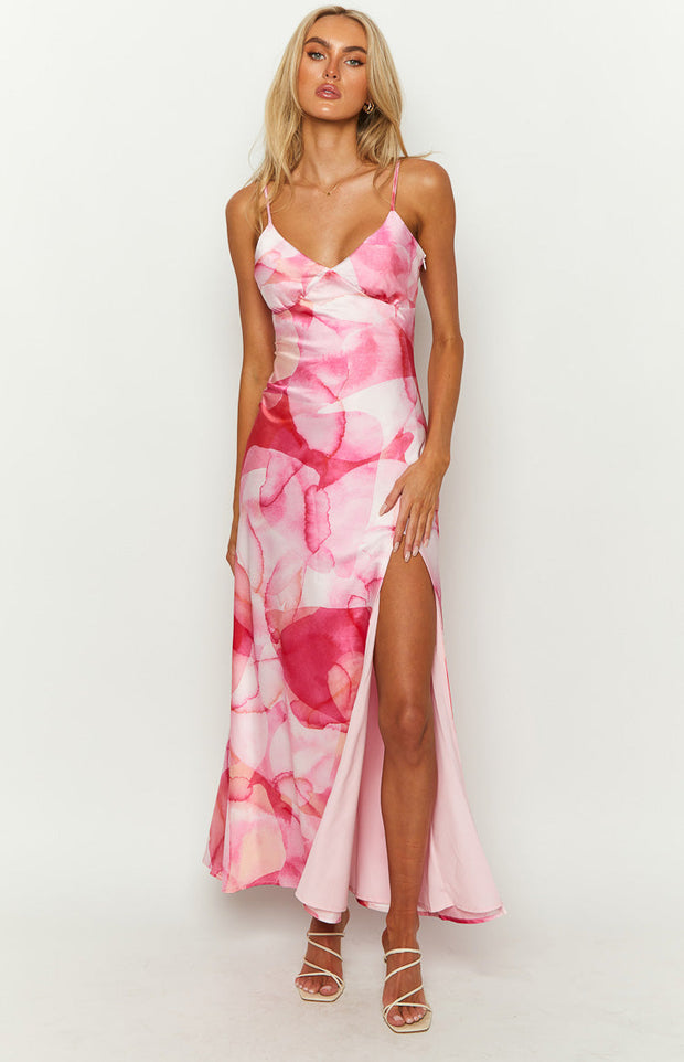 Lilie Pink Satin Print Maxi Dress