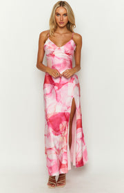 Lilie Pink Satin Print Maxi Dress