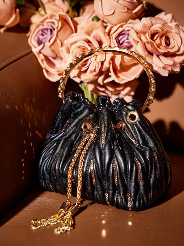 Mattea Leather Sequin Bucket Bag In Black – INNSLANE