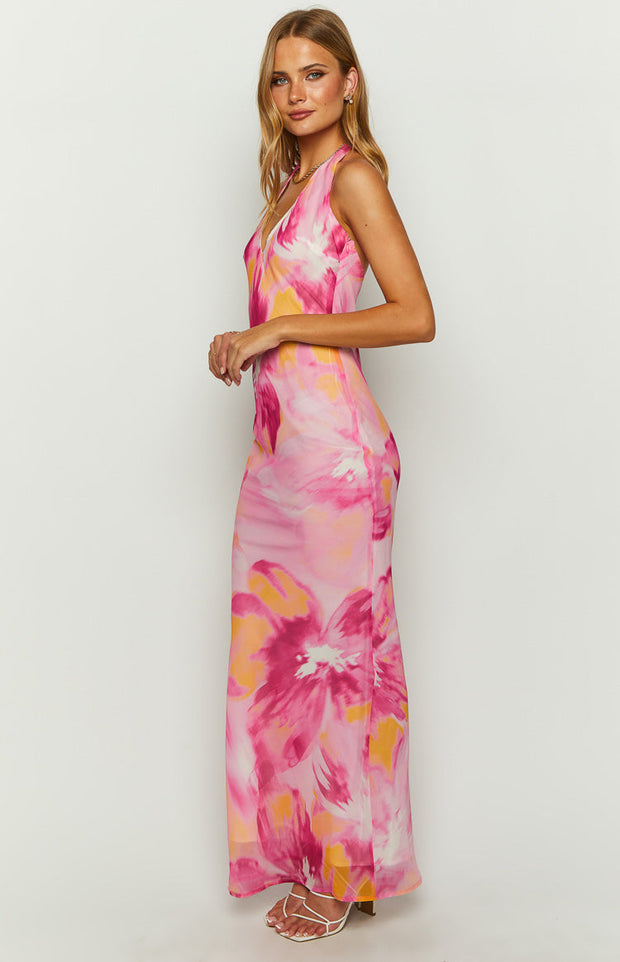 Orleans Pink Hibiscus Print Maxi Dress