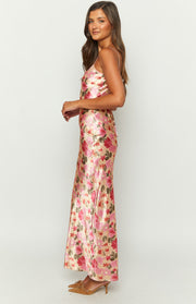 Renesmee Yellow Floral Print Satin Maxi Dress