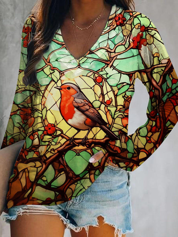 Women's Robin Print Long Sleeve V-Neck Top