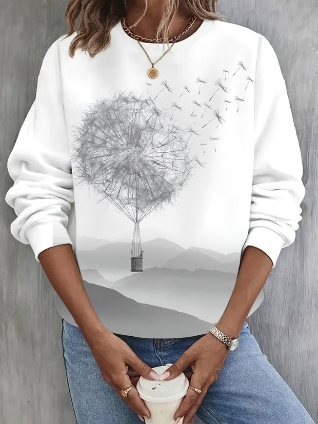 Hot Air Balloon Dandelio Print Long Sleeve Casual Top