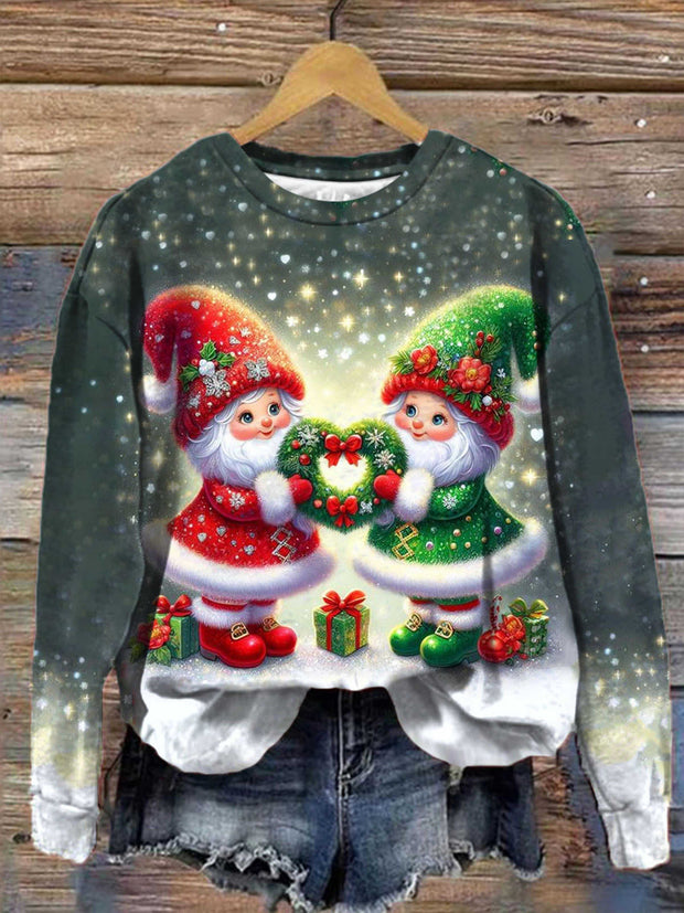 Gnome Couple Print Casual Round Neck Long Sleeve Top