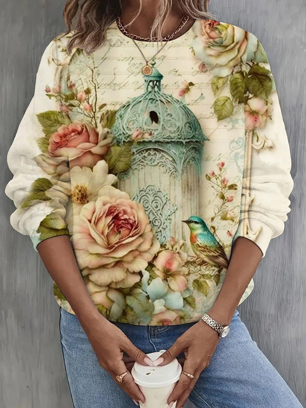 Floral Bird Print Long Sleeve Top