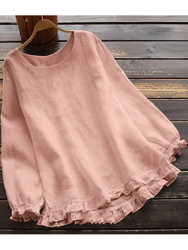 Women O Neck Solid Long Sleeve Ruffle Linen Tops