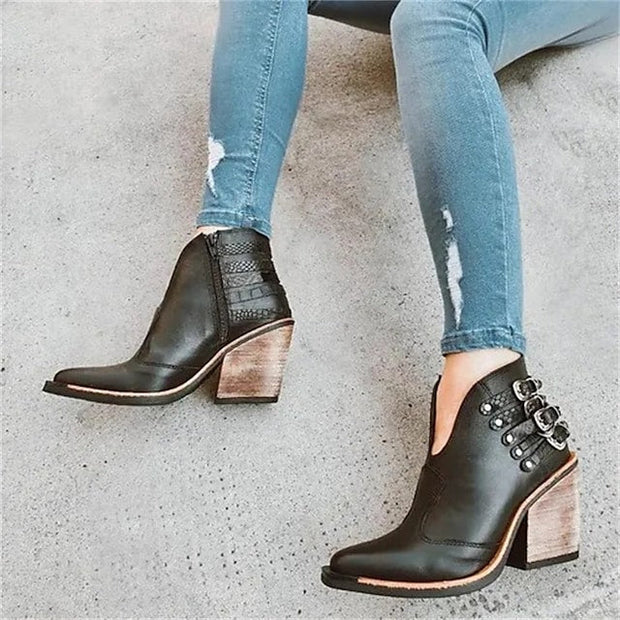 Rivet High Heel Chunky Heel Pointed Toe Elegant Casual Outdoor Daily Leather Zipper Ankle Boots