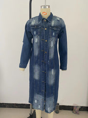 Plus Size Blue Casual Solid Ripped Turndown Collar Long Sleeve Regular Denim Jacket Coat