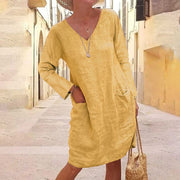 Pure Color Casual Cotton And Linen V-neck Dress