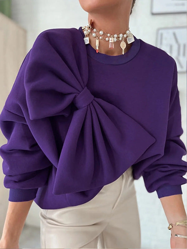 Long Sleeves Loose Bow-Embellished Solid Color Round-Neck Hoodies&Sweatshirt Sweatshirt Tops