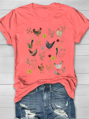 Wild Flower Chicken Printed Crew Neck T-shirt