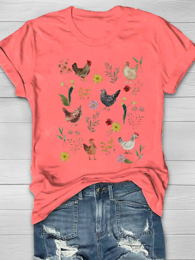 Wild Flower Chicken Printed Crew Neck T-shirt