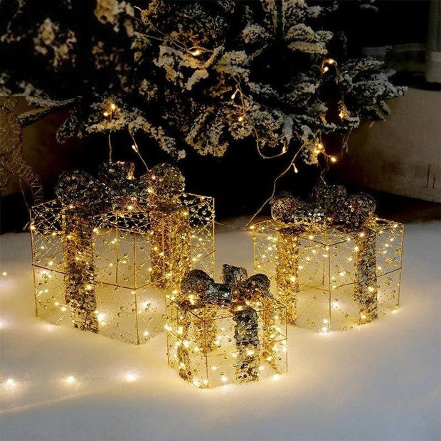 3PCS Christmas Decoration Gift Box - Christmas Tree Ornaments - Luminous Iron Art - Home Outdoor Decorations - Christmas Decorations