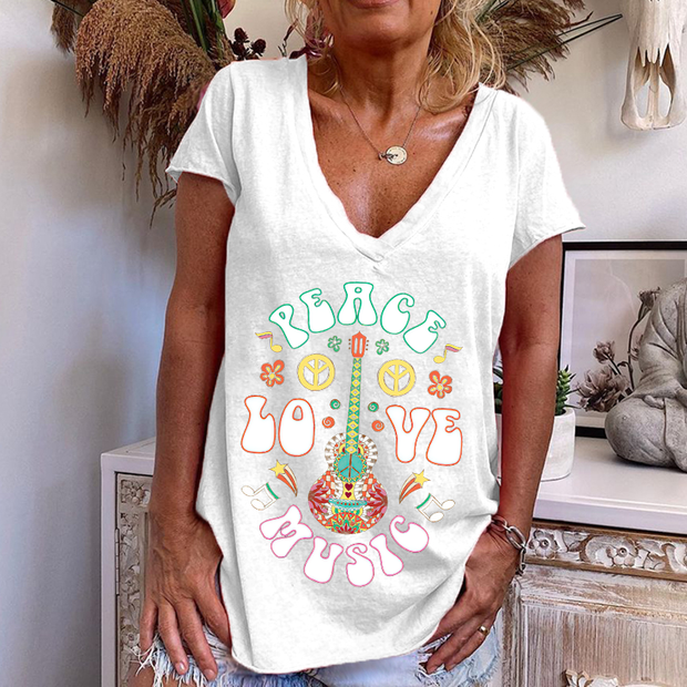 Floral Guitar Peace Love Music Printed Graphic Tees