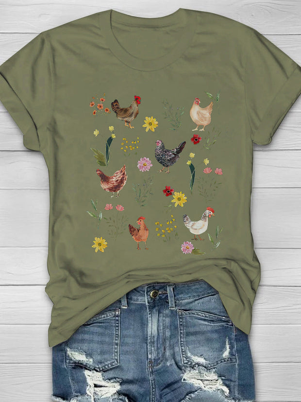 Wild Flower Chicken Printed Crew Neck T-shirt