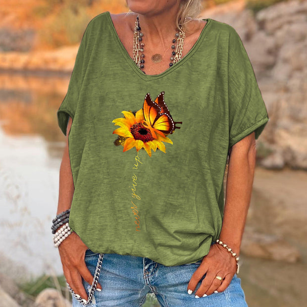 Never Give Up Printed Sunflower Women's T-shirt