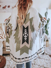 Casual Daily Printed Tribal Shawl Collar Long Sleeve Loose Coats Outwear