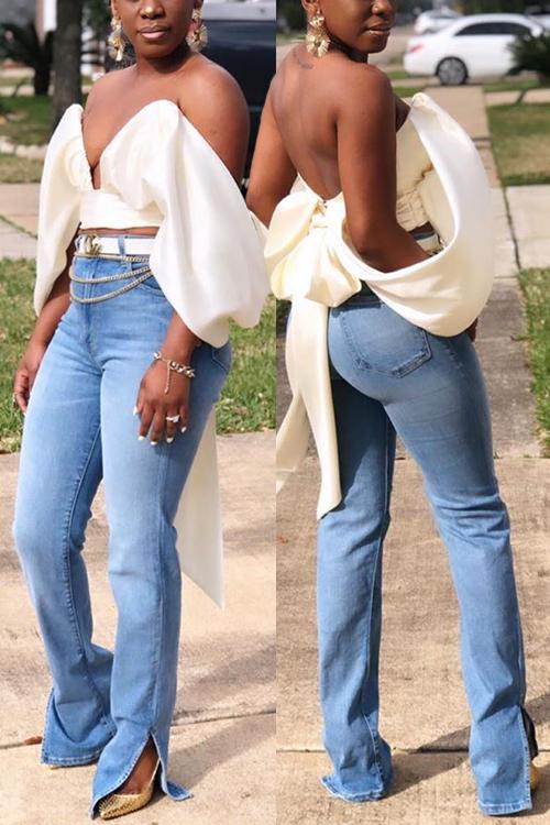 High Waist Ripped Slit Jeans