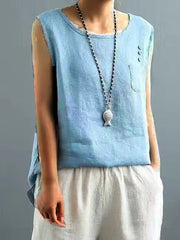 Women's Vintage Cotton Linen Solid  Loose T-shirt