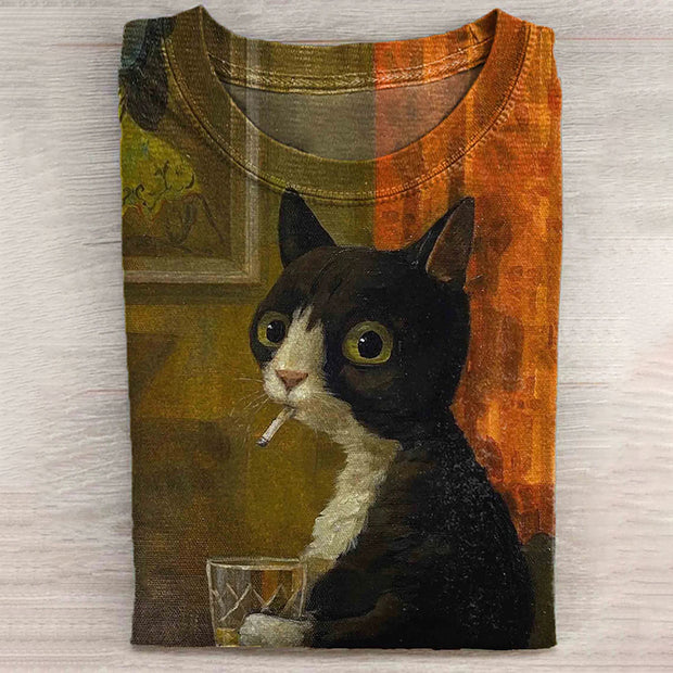 Vintage Cute Cat Print Long Sleeve Casual T-Shirt