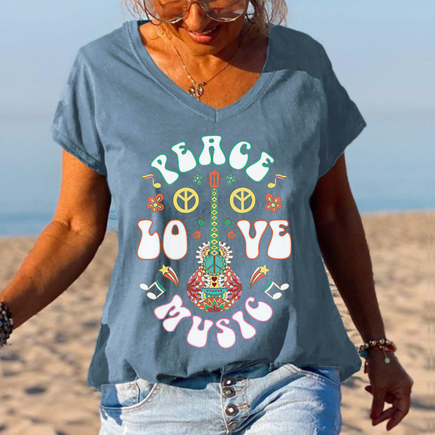 Floral Guitar Peace Love Music Printed Graphic Tees