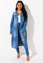 Plus Size Blue Casual Solid Ripped Turndown Collar Long Sleeve Regular Denim Jacket Coat