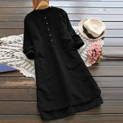 Loose stand-up collar long-sleeved solid color cotton and linen shirt dress