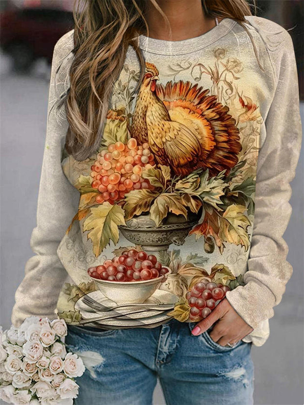 Thanksgiving Retro Printed Crew Neck Top