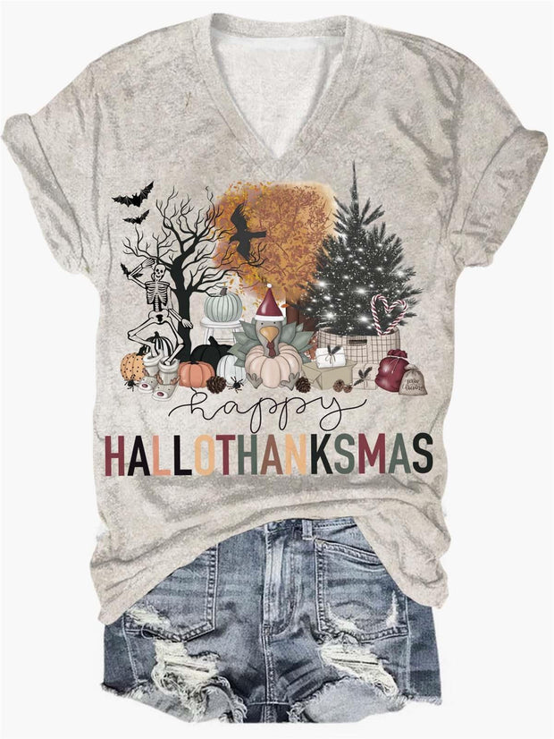 Happy Hallothanksmas V-Neck T-Shirt