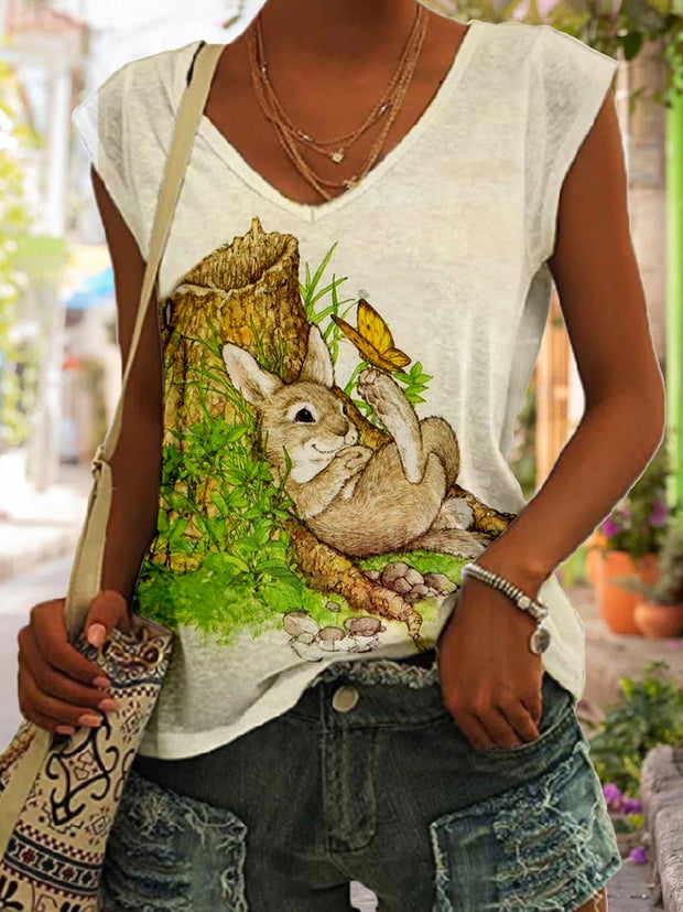 Vintage Stump Bunny Printed V-neck Sleeveless Top