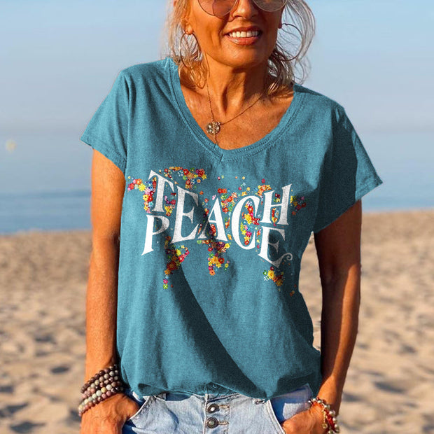 Peace special print V-neck T-shirt