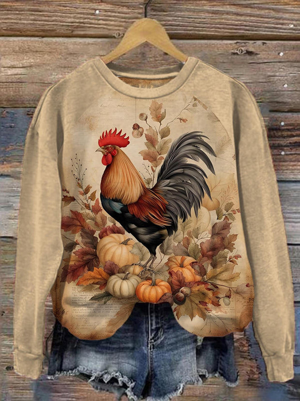 Retro Pumpkin Chicken Print Long Sleeve Women's Top