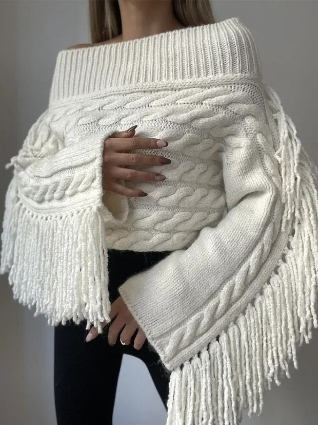 Fashion White Tassel Slash Neck Sweater Women Elegant Off Shoulder Long Sleeve Short Knit Pullover Fall Winter Lady Knit Jumpers