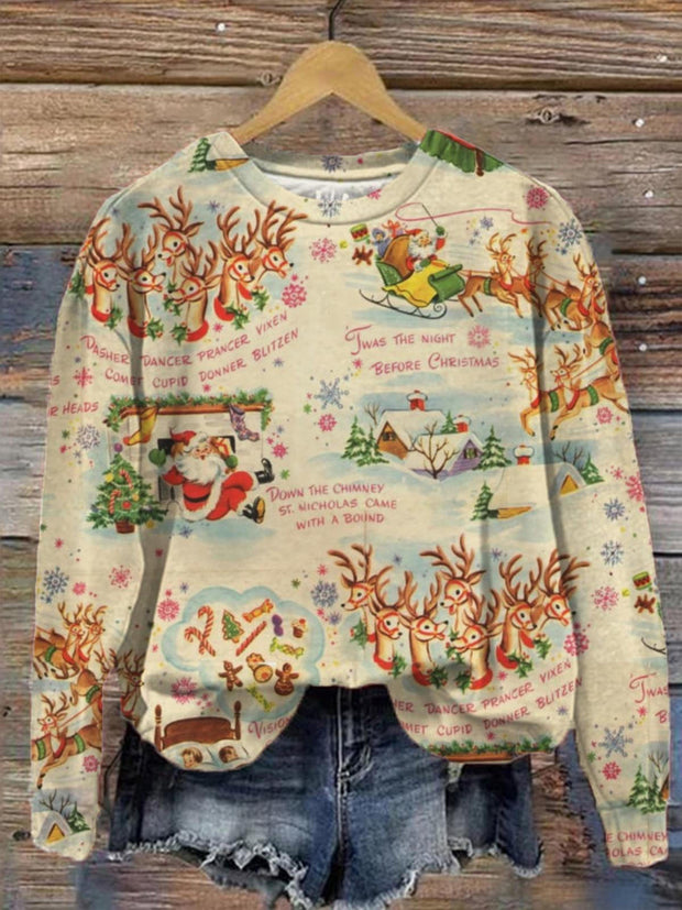 Vintage Christmas Print Round Neck Long Sleeve Top