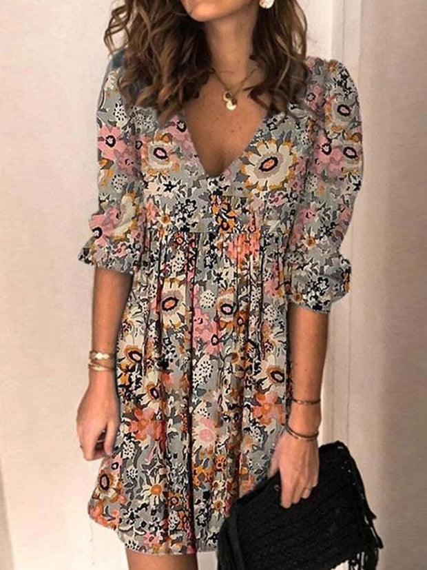 Women's Vintage Floral V-Neck Casual Dress