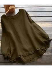 Women O Neck Solid Long Sleeve Ruffle Linen Tops